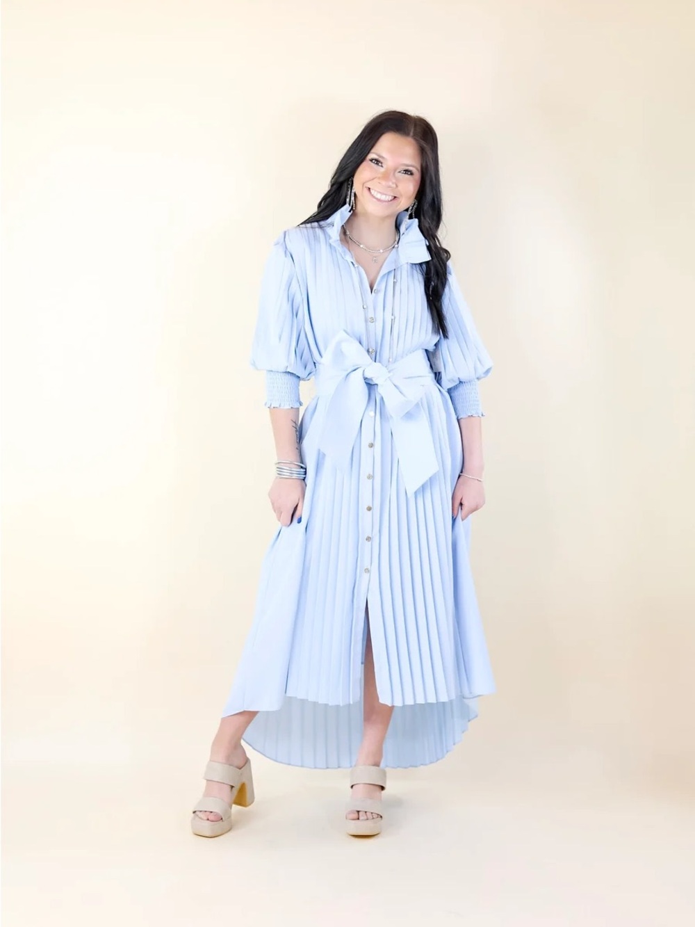 Emily McCarthy Rowan Dress in Sail Light Blue Pleated Hi-Low Midi M
